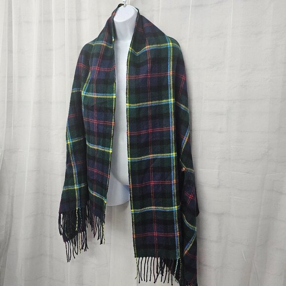 J. Crew Blue Green Plaid Shawl Scarf Fringe Wool OSFA - Picture 5 of 9